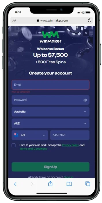 Sign Up Process at Winmaker Casino Mobile App